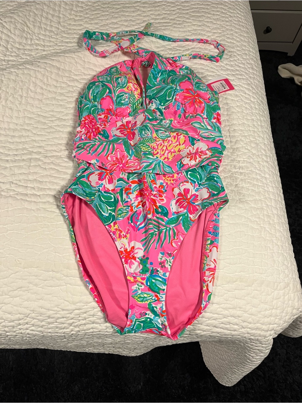 Lilly Pulitzer Bright Pink & Green Tropical Halter One-Piece Swimsuit